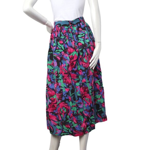Vintage Floral Midi Cotton Skirt Pleated Cottagecore Summer Bright Pink Blue - Picture 6 of 8